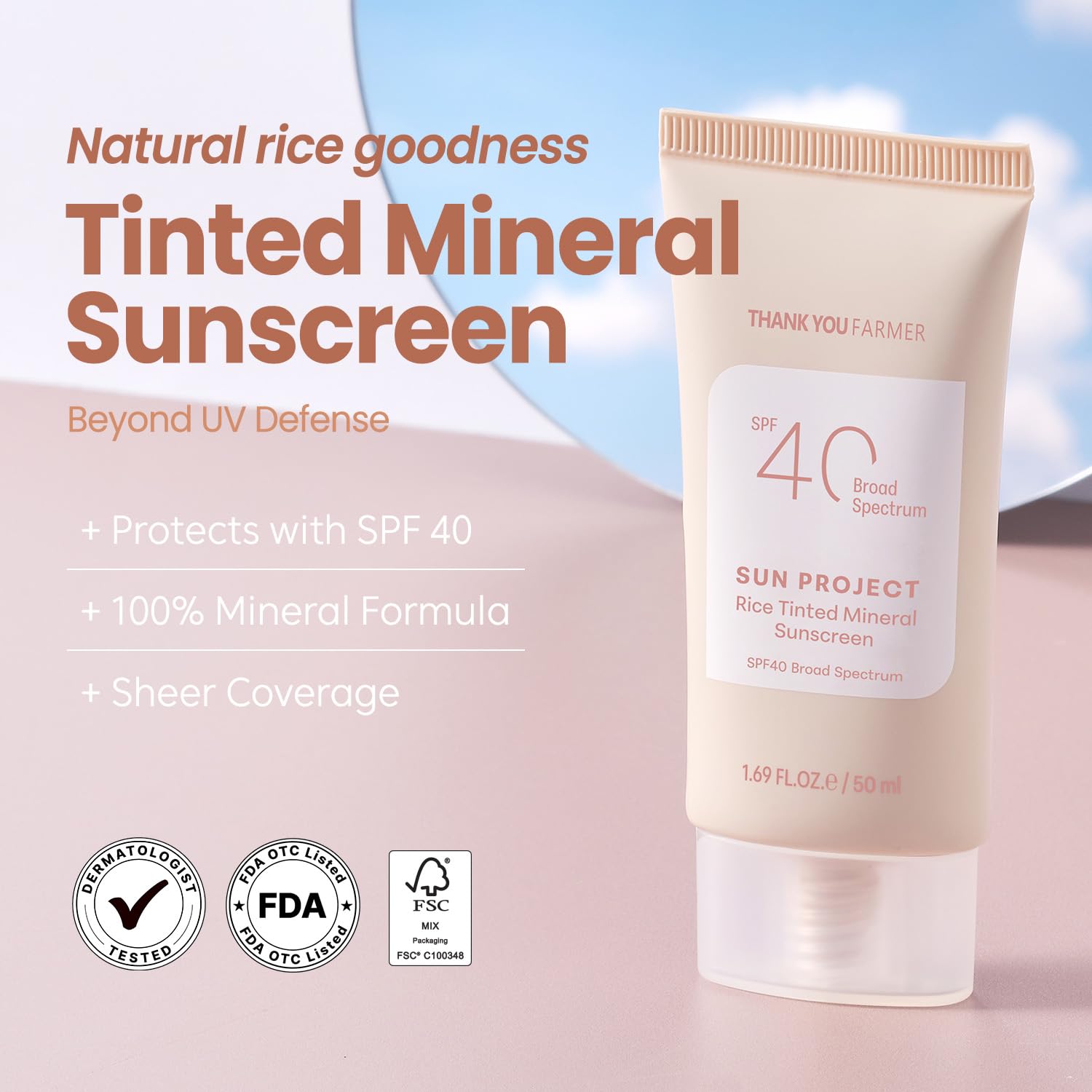 Thankyou Farmer Rice Tinted Mineral Sunscreen SPF 40 – Korean Zinc Oxide Face Sunscreen - Image 2